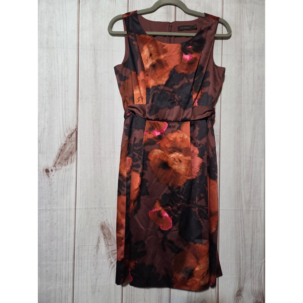 The‎ Limited Womens Brown Orange Floral Satin Sheath Dress 4 Sleeveless Belted